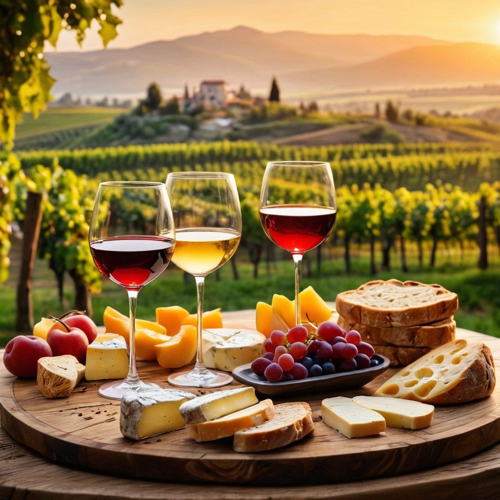 A beautifully arranged wine tasting setup on a rustic wooden table, featuring elegant wine glasses filled with rich red and crisp white wines. Surrounding the glasses are gourmet cheeses, fresh fruits, and artisanal bread, all illuminated by soft, warm candlelight. In the background, there are vineyard hills basking in golden sunset hues, creating a magical atmosphere of celebration and indulgence. super-realistic. vibrant colors. warm lighting.