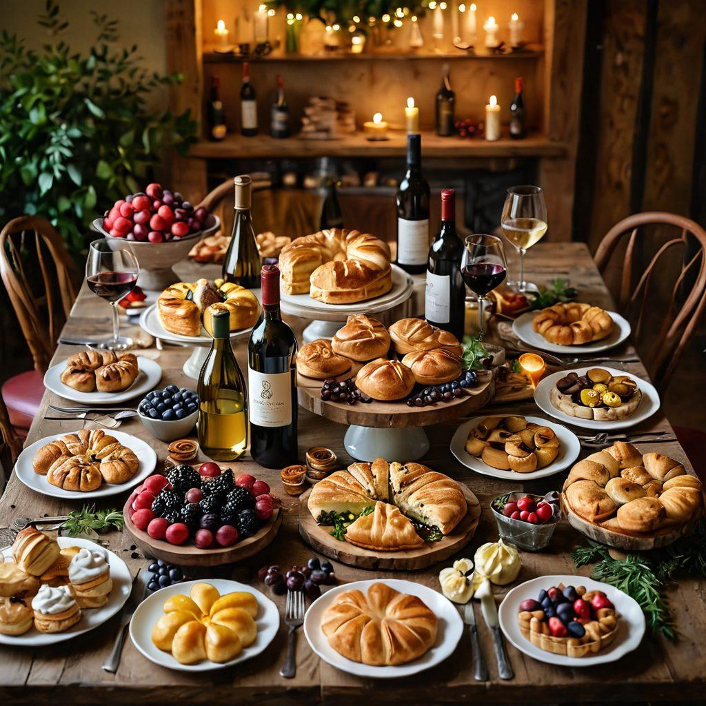 A beautifully set rustic table adorned with an array of colorful wine bottles and freshly baked pastries. Surrounding the table are joyful people of diverse backgrounds, raising glasses filled with rich, vibrant wine. The scene is illuminated by soft, warm lighting, creating a cozy, celebratory atmosphere. Accents of greenery and flowers enhance the festive feel, emphasizing happiness and connection. super-realistic. vibrant colors. cozy atmosphere.