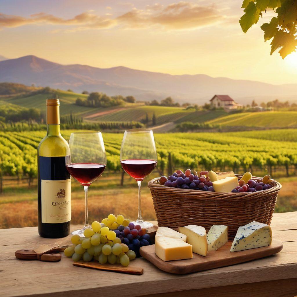 A picturesque vineyard landscape at sunset, showcasing rows of lush grapevines and an inviting rustic tasting room. A couple toasting with elegant wine glasses under a hazy golden sky, surrounded by rolling hills and distant mountains. A basket filled with assorted cheeses and grapes sits on a wooden table nearby, adding to the warmth of the scene. super-realistic. vibrant colors. warm tones.